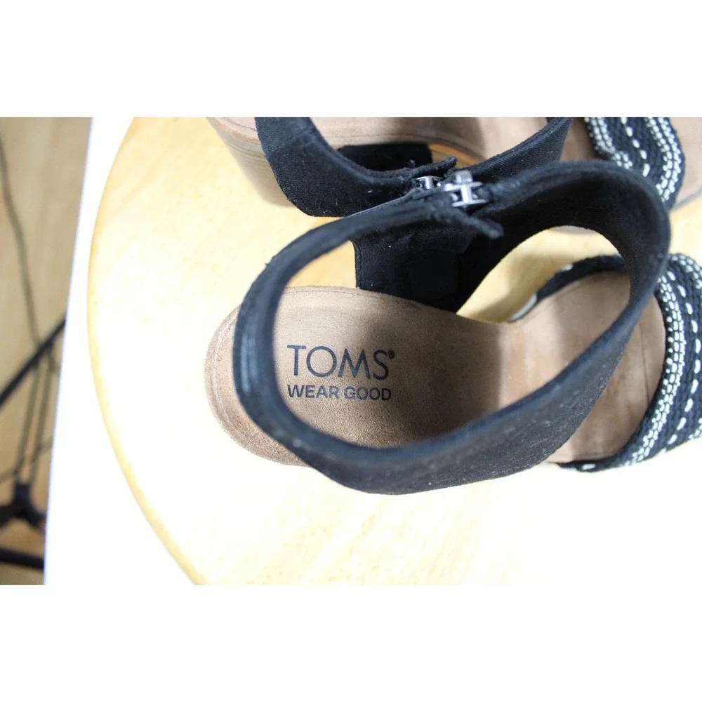 Toms Womens Heeled Sandals Size 9 Black Woven Ankle Strap Block Heel Open Toe